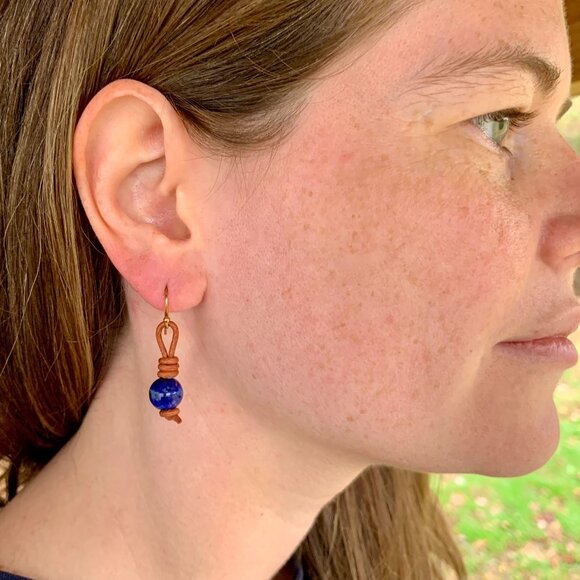 Lapis Lazuli Gemstones on Hand Knotted Soft Brown Leather Cord Earrings - Picture 1 of 7